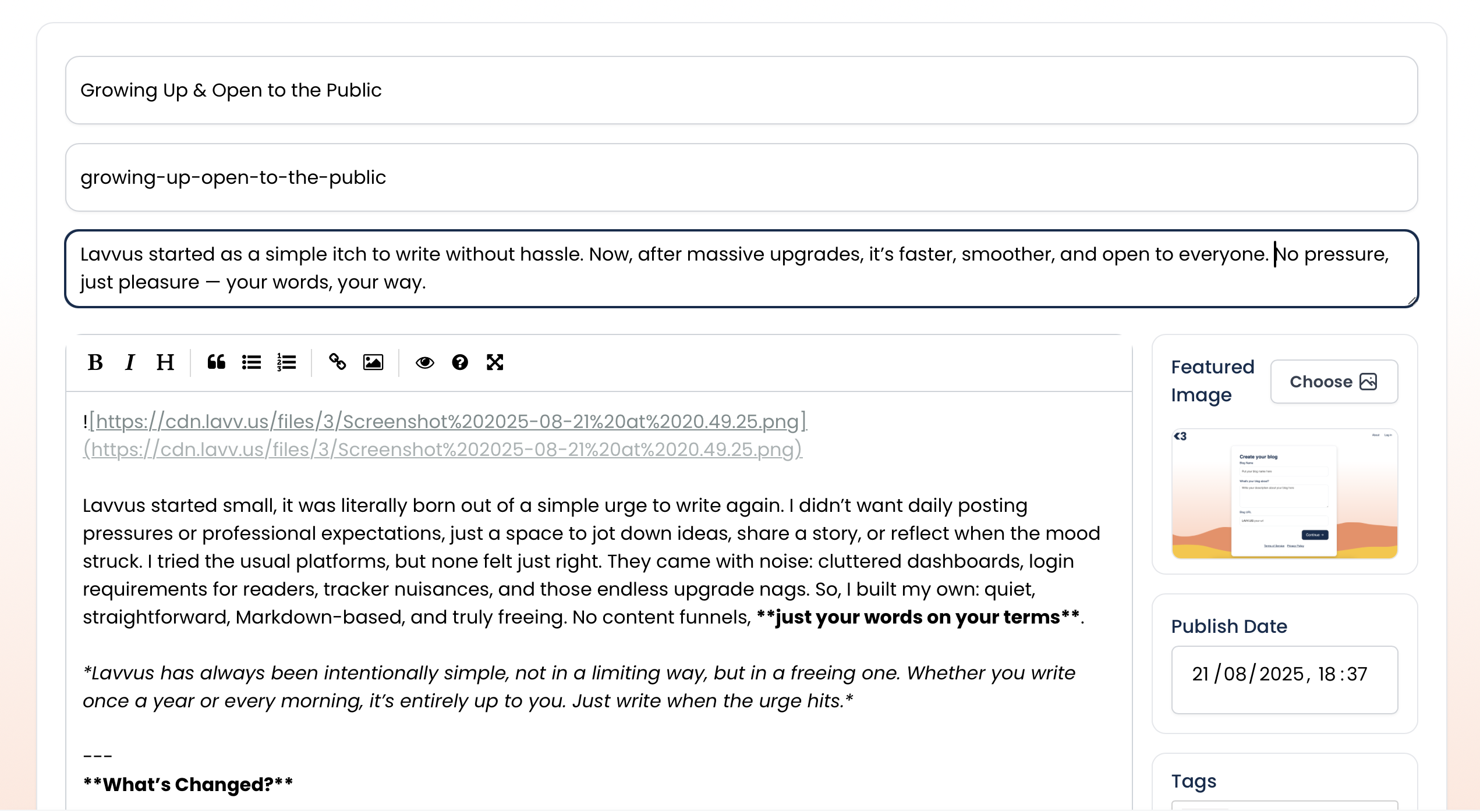 Markdown blog editor and link-in-bio page in Lavvus
